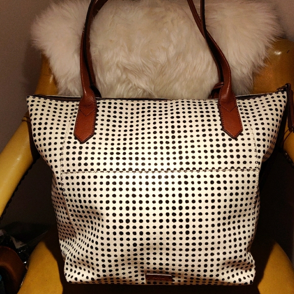 Fossil Handbags - SOLD Black and White Polka Dot Leather Fossil Tote